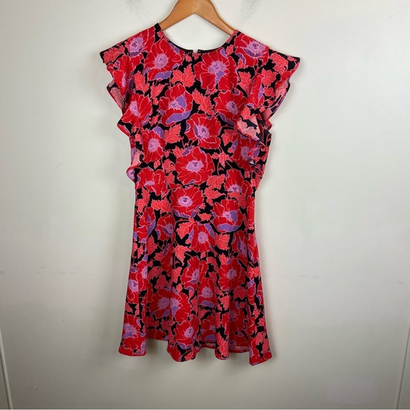 Who What Wear Neon Red Lilac Floral Flutter‎ Sleeve Dress size XS - Picture 1 of 9